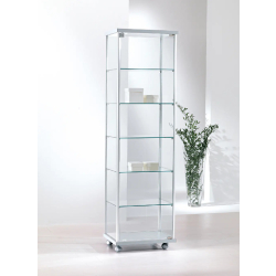 Vitrine étroite colonne 53-AVA - blanc poli - avec porte verrouillable, 4 tablettes amovibles et roulettes