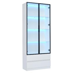 Merax Vitrine LED  80 x 34 x 200 cm, 2 portes vitrées avec cadre en aluminium, 2 tiroirs et 6 niveaux, blanc - blanc multi-matériau N625P464232233W