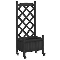 Helloshop26 - Jardinière bac lit surélevé plantes fleurs terrasse jardin avec treillis et roues bois massif de sapin noir 02_0038365 - noir Bois ma