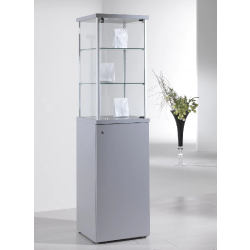 Vitrine stèle 7-PLAVA - sur socle en verre avec rangement sécurisé - 175 cm x 45 cm