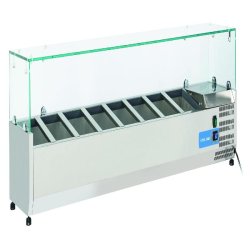 Vitrine réfrigérée en acier inoxydable pour 8 plateaux GN1/4. Dimensions 180x33.5x44h cm. Température +2°C/+8°C. Tête froide VRX 18/33 - inox 1762