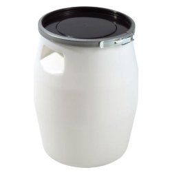 Fût plastique 30 litres - contact alimentaire - fermeture métallique avec couvercle noir - blanc