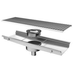 Caniveau avec caillebotis, sortie verticale ø 63 mm et filtre rond, 1050x300x150 mm - VIRTUS - 0615402748841