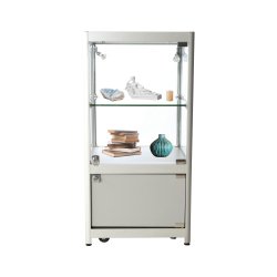 Vitrine d'exposition LED - H 90 x L 45 x P 45 cm - Gris Alu - Modèle bas avec réserve et éclairage - Réf. 2228416