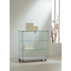 Petite vitrine basse d'exposition en verre trempé 8/90VA - socle bois - gris - dimensions compactes