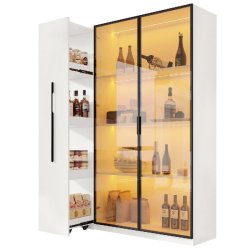 Merax Vitrine LED 110.5 × 35 × 160 cm, armoire multifonctionnelle avec vitrine en verre, bibliothèque et meuble de rangement, armoire roulante blan