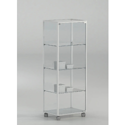 Petite vitrine d'exposition sur roulettes 51-14PVA - blanc poli - verre trempé avec serrure et tablettes amovibles