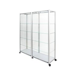 404298 - Vitrine d'exposition double sur roulettes, coloris argent naturel, 149x42x180 cm, avec étagères réglables