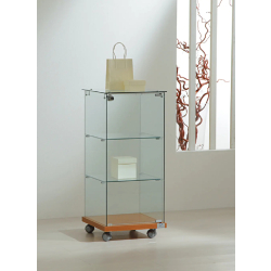 Petite vitrine d'exposition sur roulettes 4/90VA - verre trempé - cerisier - 40x40x90 cm