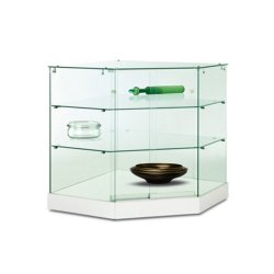 Vitrine d'exposition en verre trempé sécurisé - Modèle angle blanc - Réf : 222102 - Toit en verre, 3 niveaux, roulettes invisibles