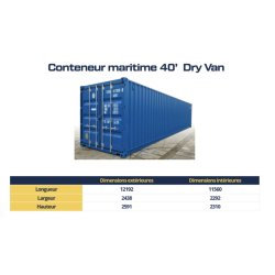 Container maritime 40 pieds Dry Van (Standard) Occasion - Acier Corten, plancher marine 28 mm, ouverture 270°
