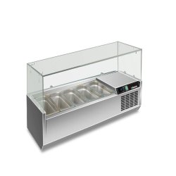 Vitrine réfrigérée en acier inoxydable pour 5 GN1/3. Température +2°C/+8°C. Thermostat électronique. Dimensions LxLxH 140x39,5x43,5 cm. RWX1402 - 4644