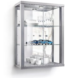 K-Möbel Vitrine suspendue en argent (80x60x25 cm) avec 2 étagères en verre réglables en hauteur, miroir & LED - vitrine de voiture miniature argen