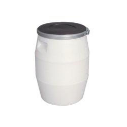 Fût plastique à ouverture totale avec couvercle en fermeture métallique de couleur blanc,50 L pour usage alimentaire