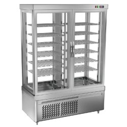 Vitrine réfrigérée négative à pâtisserie sur roulettes avec 4 côtés vitrés et 12 étagères - couleur argent