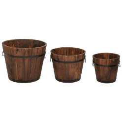 Helloshop26 - Lot de 3 jardinières en forme de godet bois massif sapin avec poignée métal pour plantes et fleurs en bois brûlé 02_0047400 - méta