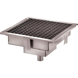 Caniveau inox (L)200 × (P)200 x (H)150 mm avec siphon et sortie verticale (Ø)50 mm