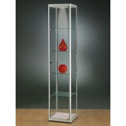 Vitrine colonne argent - L 40 cm - Porte battante sécurisée - Éclairage LED - Verre trempé et aluminium anodisé