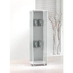 Vitrine étroite perforée 53-BLVA - blanc poli - verre trempé avec serrure et roulettes