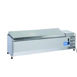 Vitrine réfrigérée en acier inoxydable pour 8 plateaux GN1/3. Dimensions (LxPxH) 180x39,5x28,1 cm. Température +2°C/+8°C. Tête froide VRX 18/38