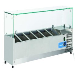 Vitrine réfrigérée pour condiments en acier inoxydable pour 6 plateaux GN1/4. Dimensions cm 140x33,5x44h. Température +2°C/+8°C. Tête froide VR