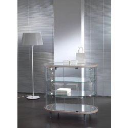 Vitrine cylindrique basse 203/OBVA - gris clair - ovale en verre trempé avec éclairage LED et base miroir