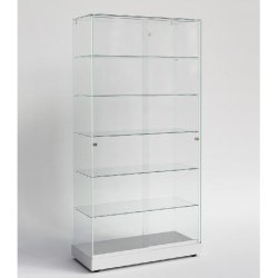 Vitrine colonne verre trempé sur socle mélaminé blanc et roulettes 90x46x182 cm