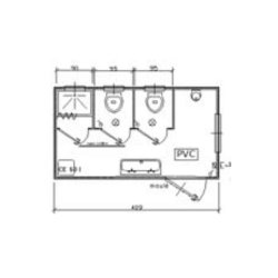 Bungalow de chantier sanitaire aménagé - Dimensions 409x242 cm - 2 WC, 1 urinoir, 1 lavabo, 1 douche, chauffe-eau