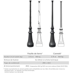 Mât d'éclairage public Vicomte 1 - hauteur 3.72 à 3.75 m - en fonte traditionnelle GL-250