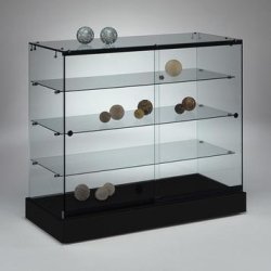 Vitrine en verre JUNO - 1.040 mm x 900 mm - Noir - 3 tablettes fixes en verre ESG avec portes coulissantes et serrure
