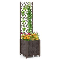 COSTWAY Bac fleuri avec treillis, palissage & arrosage auto, pour grimpantes, bac surélevé, 40x40x140cm Marron - marron plastique polypropylène SF6