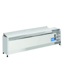 Vitrine réfrigérée inox pour condiments, 8 bacs GN1/4. Dimensions 180x33,5x28,1 cm. Température +2°C/+8°C. Cool Head VRX 18/33S/S - 1830