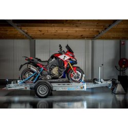 Remorque porte-moto abaissable TOHACO MO116/2815 ECO - suspensions pneumatiques - PTAC 1600 kg - 1 essieu freiné