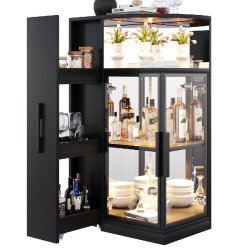 Merax Vitrine en verre coulissante avec LED, double verre ESG avec meuble latéral, vitrine et meuble de cuisine, 64x42x112 cm, noir - noir multi-mat�