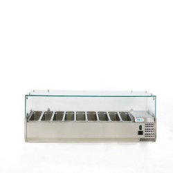 Vitrine réfrigérée avec verre. Capacité 9xGN1/4. Dimensions (LxPxH) 180x33x43,5 cm. ForCold by FIMAR Modèle G-VRX1800-330 - 222