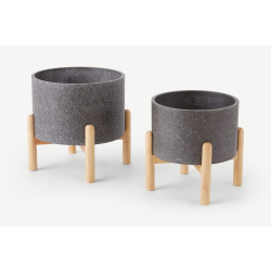 Hakuun - Lot de 2 larges jardinières en terrazzo avec pieds en hévéa - Gris et bois naturel