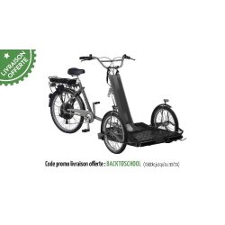 Triporteur électrique gris anthracite pour transporter un fauteuil roulant - Freins hydrauliques, moteur puissant 65 Nm