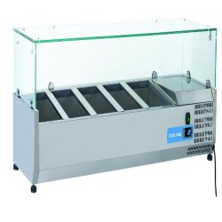 Vitrine réfrigérée pour condiments en acier inoxydable pour 5 plateaux GN1/3. Dimensions 130x39.5x44h cm. Température +2°C/+8°C. Tête froide VR