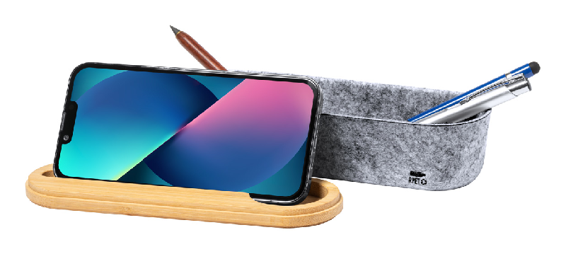 Porte-stylo en RPET - avec couvercle en bambou, sangle élastique, règle et support téléphone intégré_9