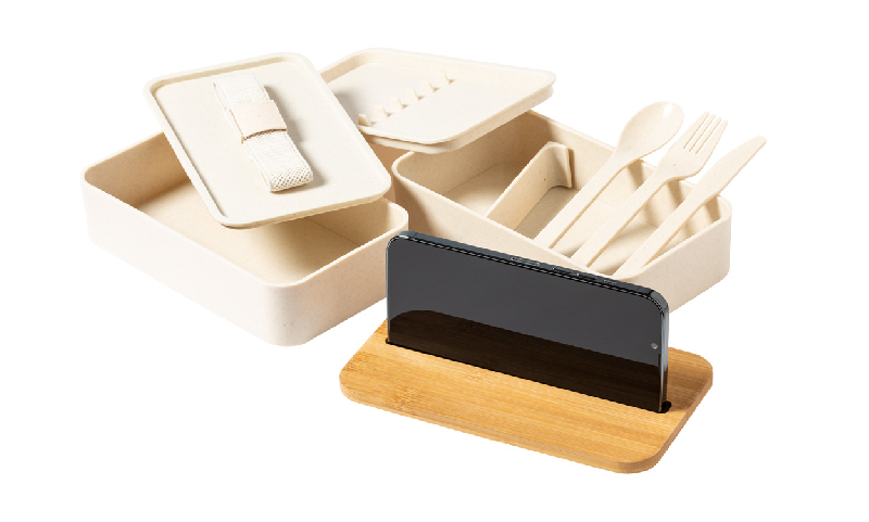 Lunch box en plastique PP - couvercle en bambou avec support téléphone - 2 compartiments de 700 ml avec couverts inclus_9