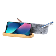 Porte-stylo en RPET - avec couvercle en bambou, sangle élastique, règle et support téléphone intégré_9