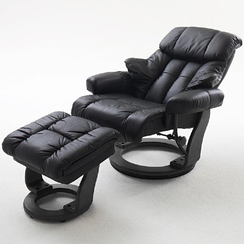 Fauteuil relax CLAIRAC - Assise en cuir noir, pied en bois noir, avec repose-pied, inclinable à 135° et pivotant à 360°_1