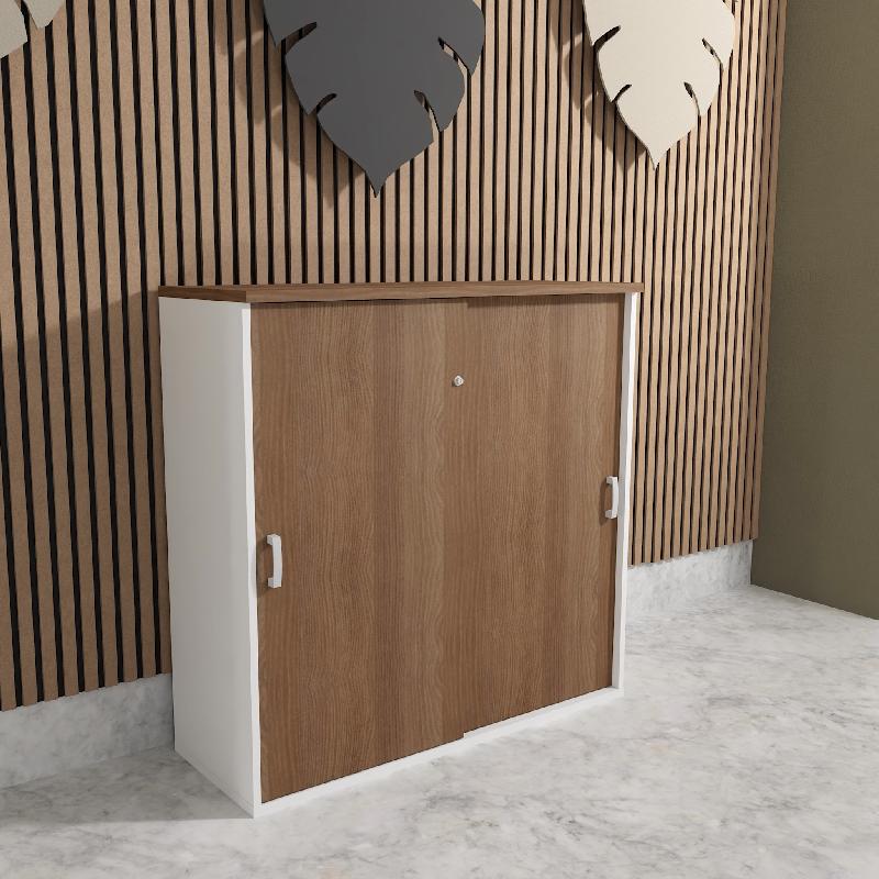 Armoire mi-haute à portes coulissantes - Mobel Linea - 100, Blanc pastel, Acacia foncé_0
