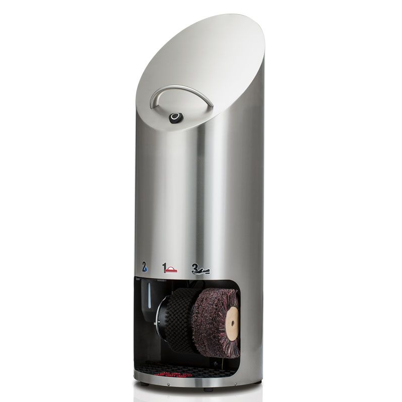 Cireuse à chaussures Ellipse - Design colonne classique en acier inoxydable brossé - Haute qualité avec options de brosses et distributeur de cirage_1