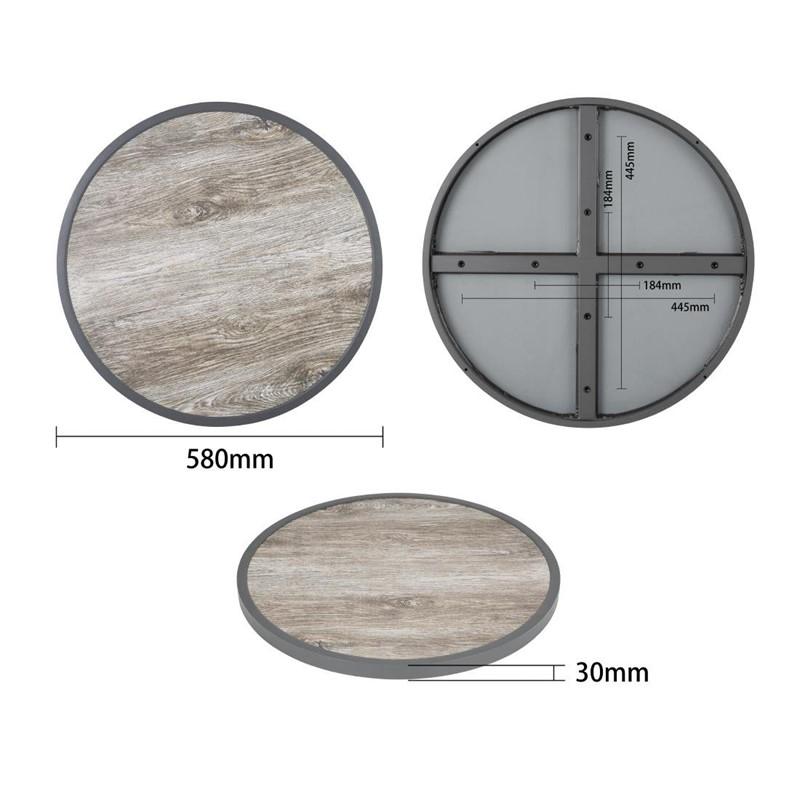 Plateau de table extérieur rond en verre trempé effet grain de bois bord gris 580mm | Bolero - DL486_1