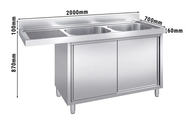 Plonge avec passage lave-vaisselle 200 x 70cm et placard - 2 cuves à droite l60 x p50 x h30 cm_1