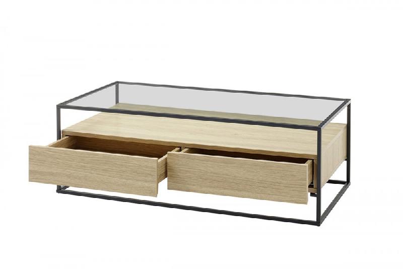 Table basse design Edmonton 120 cm - décor chêne, piètement acier époxy, plateau verre trempé, 2 tiroirs_1