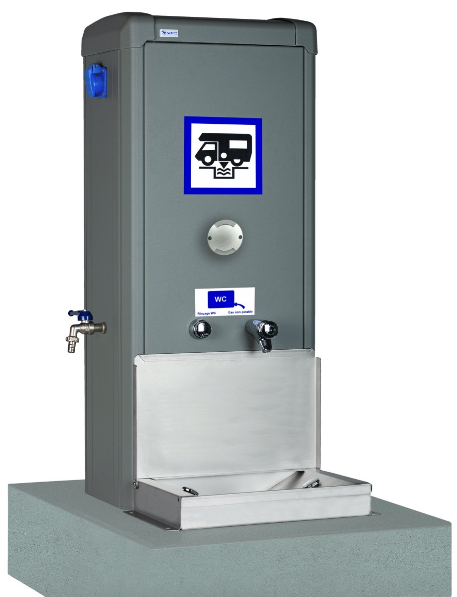 Borne de service pour camping-car avec receveur eaux noires en inox