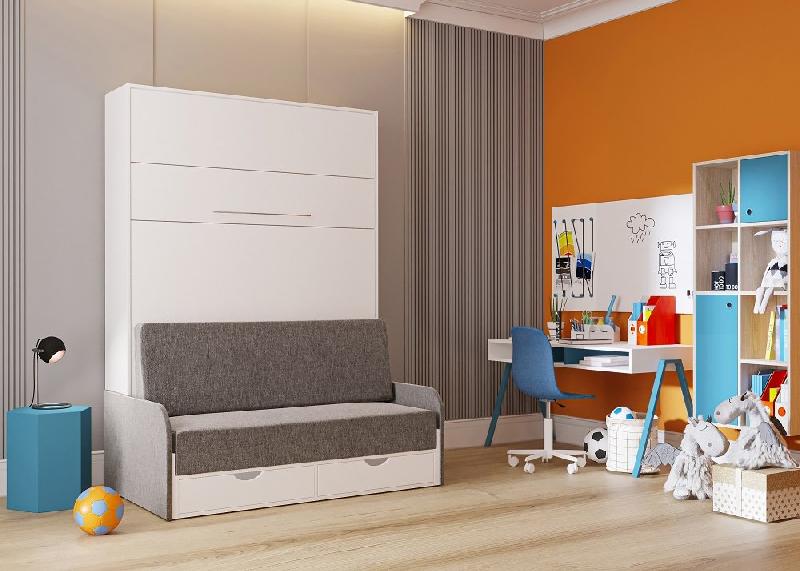 Armoire lit escamotable KOMPACT SOFA - Blanc mat - Canapé avec tiroirs et accoudoirs tissu gris - Couchage 140x200 cm_1