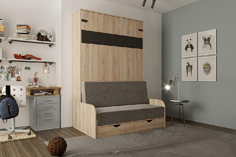 Lit escamotable industriel KEY SOFA - accoudoirs chêne - 140x200 cm - Canapé avec tiroirs - Gris_1